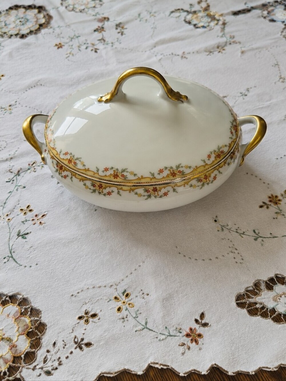Vintage Limoges France Covered Vegetable Bowl Gold Trim Floral Tureen